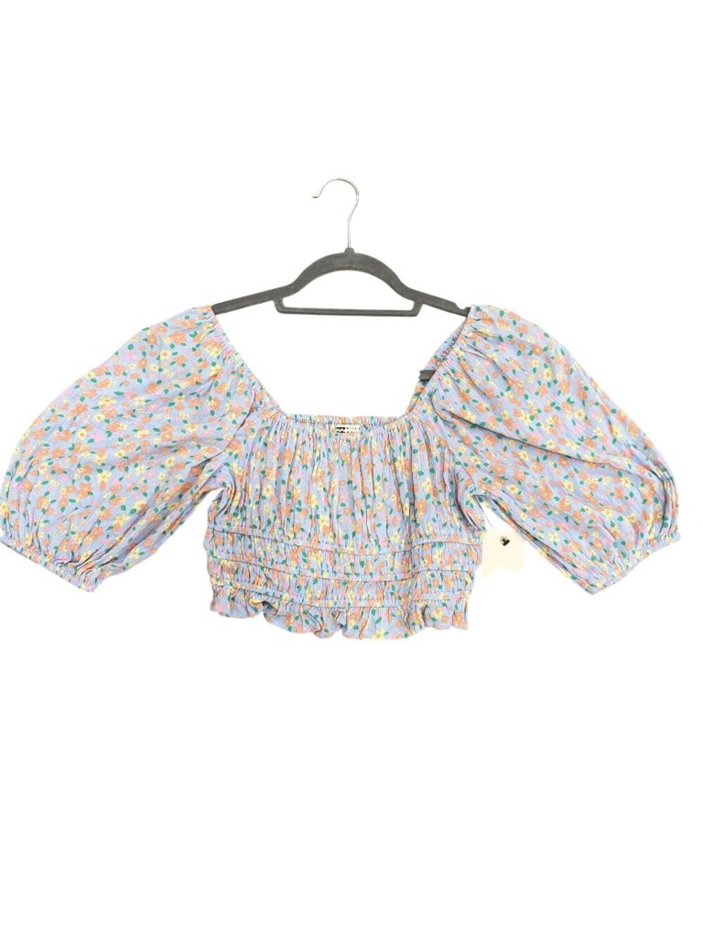 Billabong M Women's Blue Floral Puff Sleeve Smocked Crop Top NWT